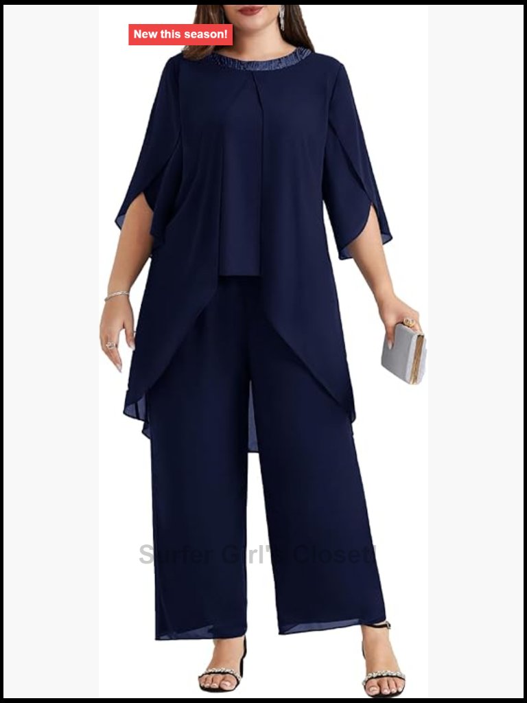 Plus Size Mother Of The Bride 2 Piece Chiffon Pant Suit With High Low Hem